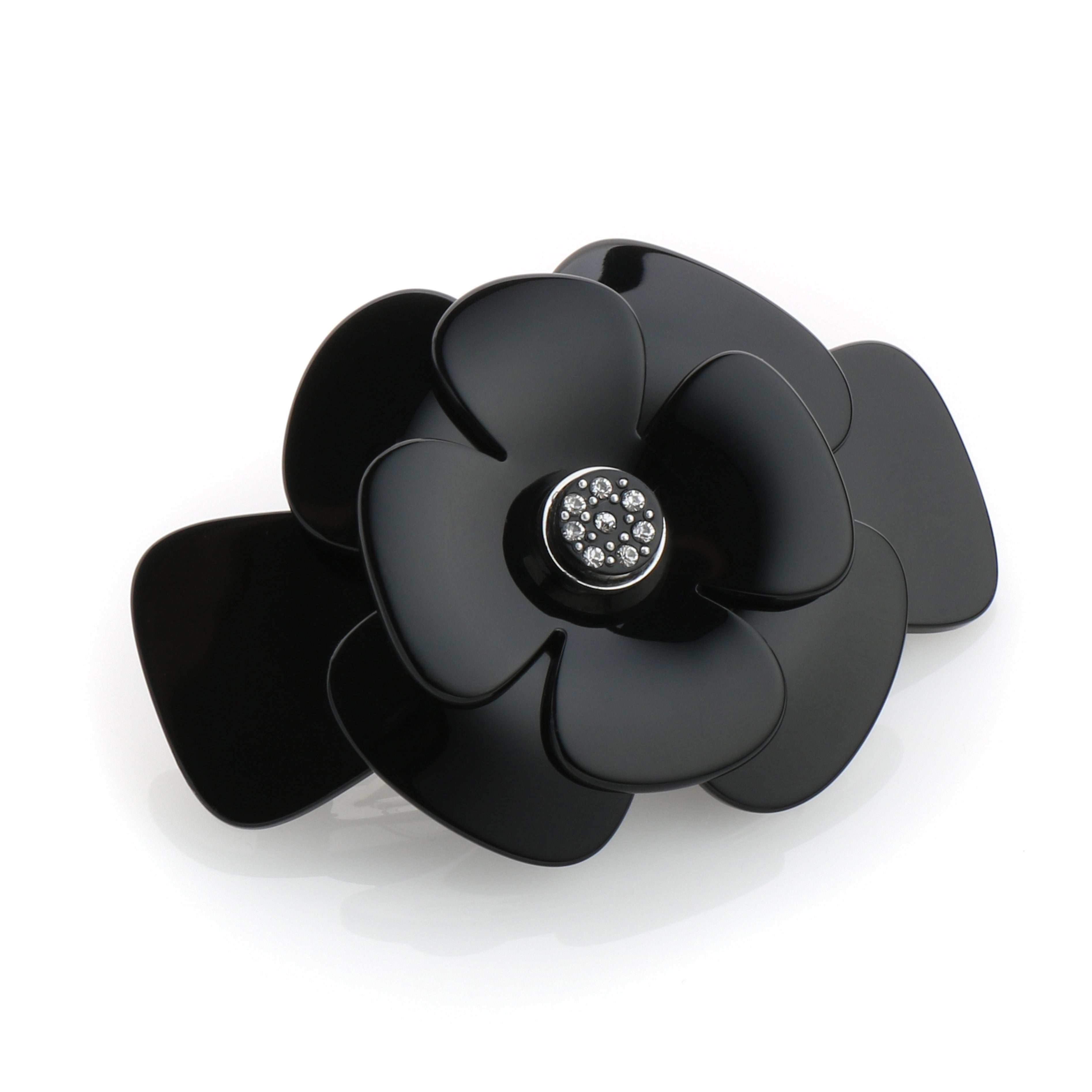 Barrette "Coquelicot" de couleur noir avec coeur plaqué argent et serti de strass - Deliska-H